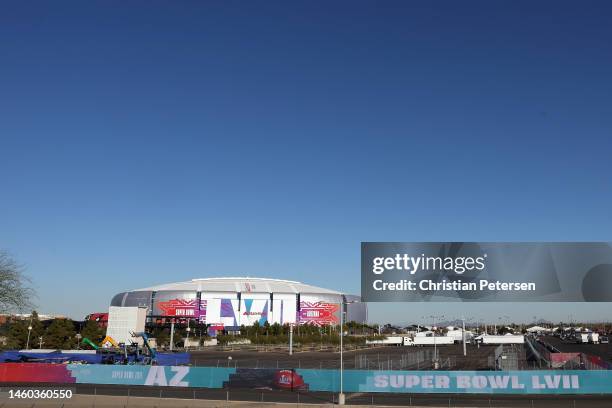 General view of State Farm Stadium on January 28, 2023 in Glendale, Arizona. State Farm Stadium will host the NFL Super Bowl LVII on February 12.