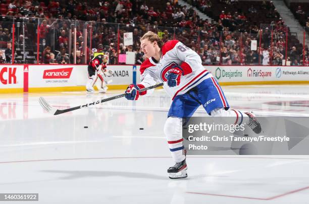 Owen Beck of the Montreal Canadiens takes his rookie lap during warmups prior to his first NHL game against the Ottawa Senators at Canadian Tire...