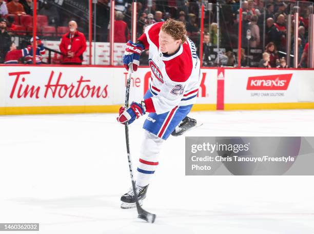 Christian Dvorak of the Montreal Canadiens skates during warmups before a game against the Ottawa Senators at Canadian Tire Centre on January 28,...