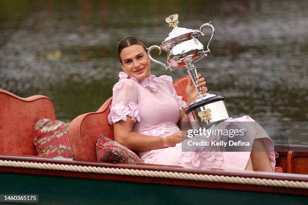 Aryna Sabalenka poses with the Daphne Akhurst Memorial Cup after winning the 2023 Australian Open on January 29, 2023 in Melbourne, Australia.