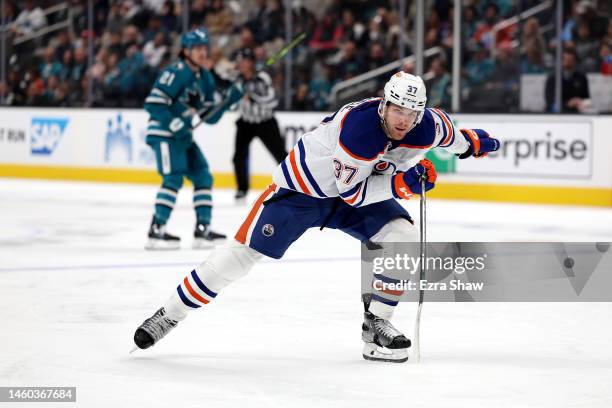 Warren Foegele of the Edmonton Oilers in action against the San Jose Sharks at SAP Center on January 13, 2023 in San Jose, California.