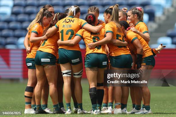 The Australia huddle before the 2023 Sydney Sevens match between Great Britain and Australia at Allianz Stadium on January 29, 2023 in Sydney,...