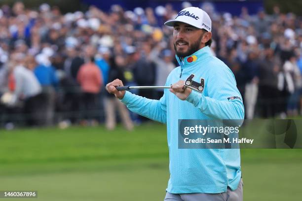 Max Homa of the United States celebrates on the 18th green after the final round of the Farmers Insurance Open on the South Course of Torrey Pines...