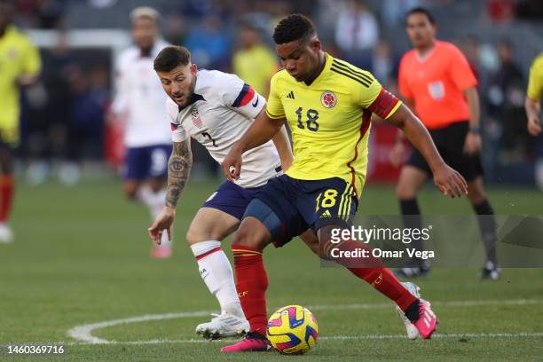 Frank Fabra of Colombia and Paul Arriola of United States battle for the ball during the international friendly match at Dignity Health Sports Park...