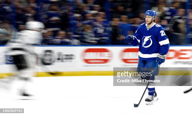 Brayden Point of the Tampa Bay Lightning celebrates a goal in the first period during a game against the Los Angeles Kings at Amalie Arena on January...