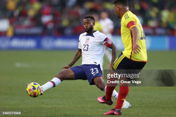 Kellyn Acosta of United States kicks the ball during the international friendly match between United States and Colombia at Dignity Health Sports...