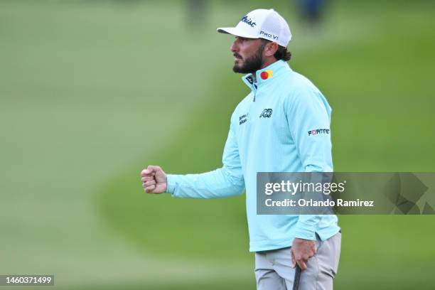 Max Homa of the United States reacts on the 18th green after winning during the final round of the Farmers Insurance Open on the South Course of...