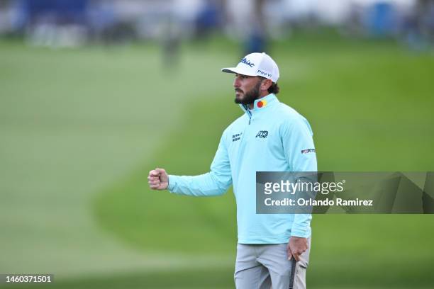 Max Homa of the United States reacts on the 18th green after winning during the final round of the Farmers Insurance Open on the South Course of...