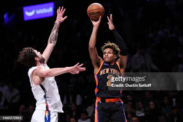 Miles McBride of the New York Knicks shoots a jump shot during the fourth quarter of the game against the Brooklyn Nets at Barclays Center on January...