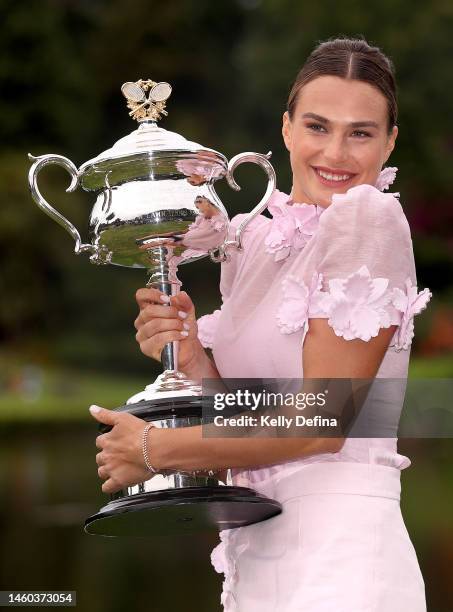 Aryna Sabalenka poses with the Daphne Akhurst Memorial Cup after winning the 2023 Australian Open on January 29, 2023 in Melbourne, Australia.
