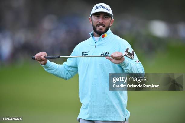 Max Homa of the United States reacts after a putt on the 18th green during the final round of the Farmers Insurance Open on the South Course of...