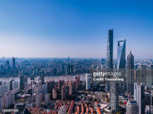 shanghai skyline,wide angle view - world financial centre stock pictures, royalty-free photos & images