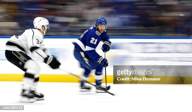 Brayden Point of the Tampa Bay Lightning looks to pass in the second period during a game against the Los Angeles Kings at Amalie Arena on January...