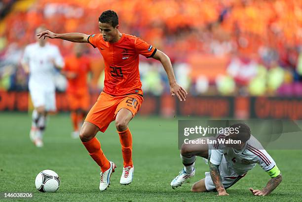 Daniel Agger of Denmark and Ibrahim Afellay of Netherlands in action during the UEFA EURO 2012 group B match between Netherlands and Denmark at...