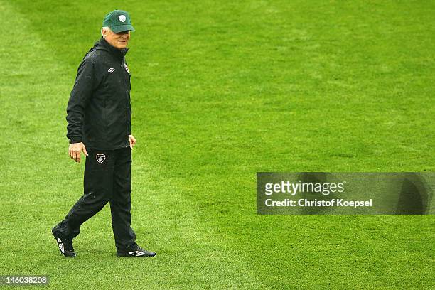 Head coach Giovanni Trapattoni of Republic of Ireland attends a Republic of Ireland training session prior to the UEFA EURO 2012 Group C match...
