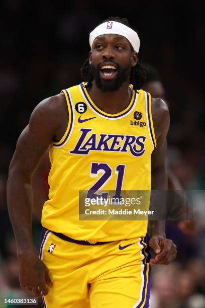 Patrick Beverley of the Los Angeles Lakers celebrates after scoring against the Boston Celtics during the first half at TD Garden on January 28, 2023...