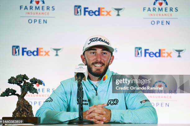 Max Homa of the United States answers questions during a press conference after winning the Farmers Insurance Open on the South Course of Torrey...