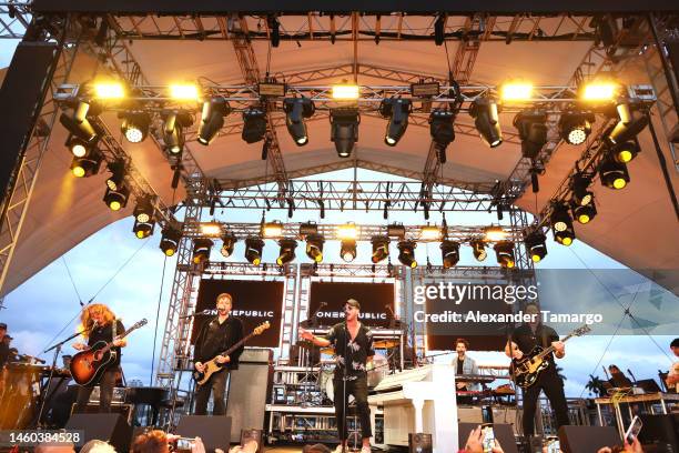 Drew Brown, Brent Kutzle, Ryan Tedder, Brian Willett and Zach Filkins of OneRepublic perform onstage at the Carousel Club at the 2023 Pegasus World...