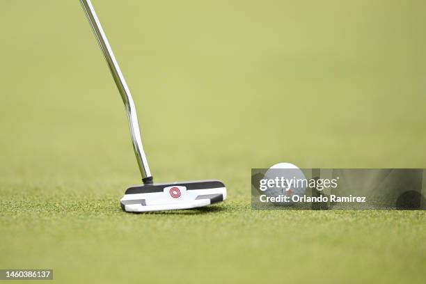Detail view of the putter and ball of Rickie Fowler of the United States during the final round of the Farmers Insurance Open on the South Course of...