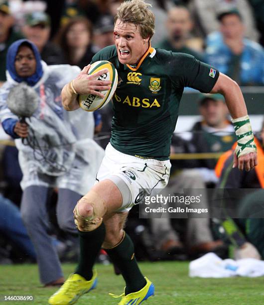 Jean de Villiers going over for a try during the 1st Castle Lager Incoming Tour test match between South Africa and England from Mr Price Kings Park...