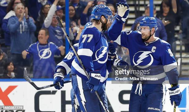 Victor Hedman of the Tampa Bay Lightning celebrates a goal in the third period during a game against the Los Angeles Kings at Amalie Arena on January...