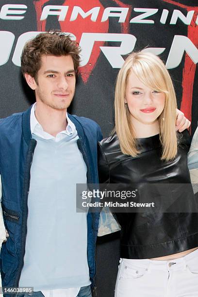Actors Andrew Garfield and Emma Stone attend the "The Amazing Spider-Man" New York City Photo Call at Crosby Street Hotel on June 9, 2012 in New York...