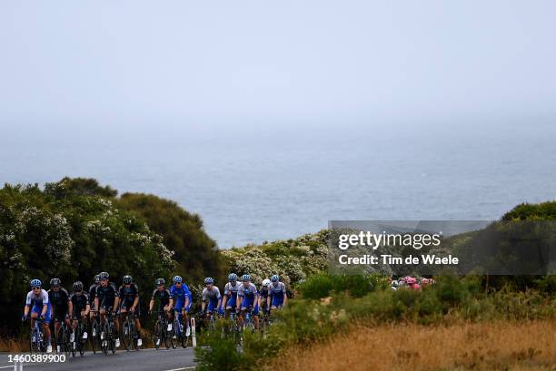 General view of the peloton passing through Bells Beach during the 7th Cadel Evans Great Ocean Road Race 2023 - Men's Elite a 174,3km one day race...