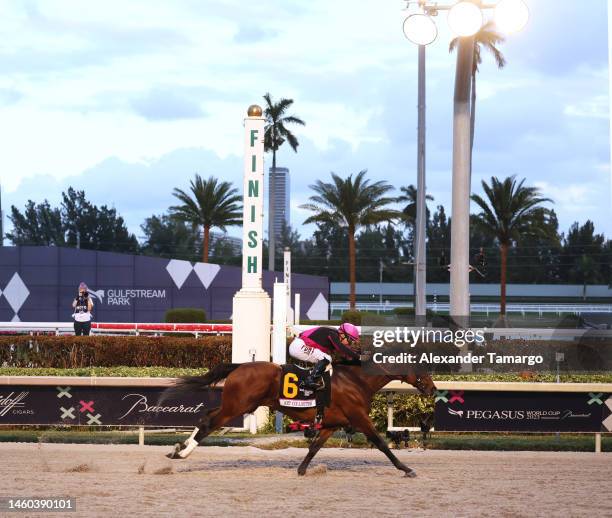 Jockey Junior Alvarado rides Art Collector at the 2023 Pegasus World Cup presented by Baccarat at Gulfstream Park on January 28, 2023 in Hallandale,...