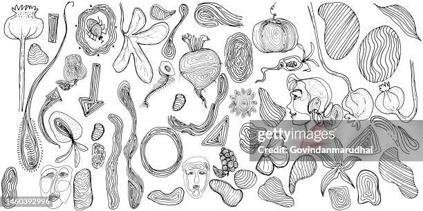 hand drawn set elements, black on white background. old cave doodle art - caveman stock illustrations