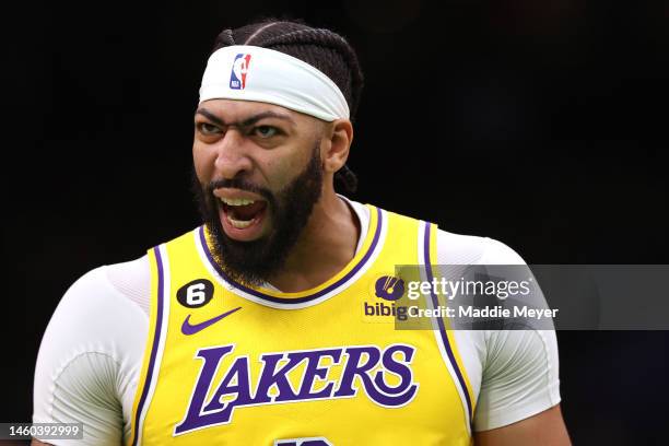 Anthony Davis of the Los Angeles Lakers reacts during the first half against the Boston Celtics at TD Garden on January 28, 2023 in Boston,...