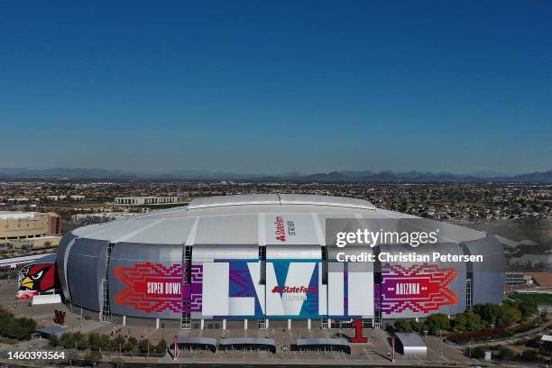 In an aerial view of State Farm Stadium on January 28, 2023 in Glendale, Arizona. State Farm Stadium will host the NFL Super Bowl LVII on February 12.