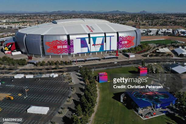 In an aerial view of State Farm Stadium on January 28, 2023 in Glendale, Arizona. State Farm Stadium will host the NFL Super Bowl LVII on February 12.
