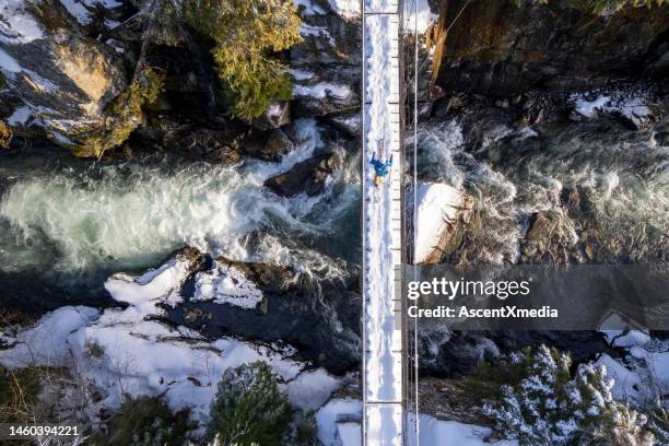 vista aerea di una donna durante un'escursione invernale - sci alpinismo foto e immagini stock