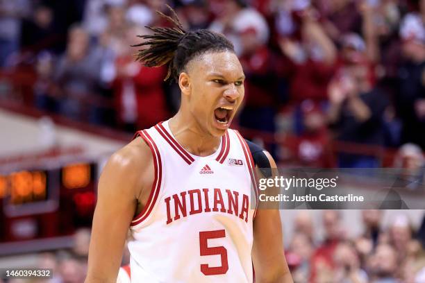 Malik Reneau of the Indiana Hoosiers reacts after a play during the first half in the game against the Ohio State Buckeyes at Simon Skjodt Assembly...