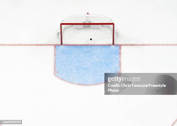 The puck goes into the empty net for a goal on a shot by Mathieu Joseph of the Ottawa Senators during the third period against the Montreal Canadiens...