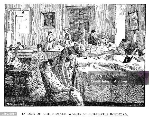 Illustration showing a scene in one of the female wards at Bellevue Hospital, New York, late nineteenth century. Illustration appeared in the book...