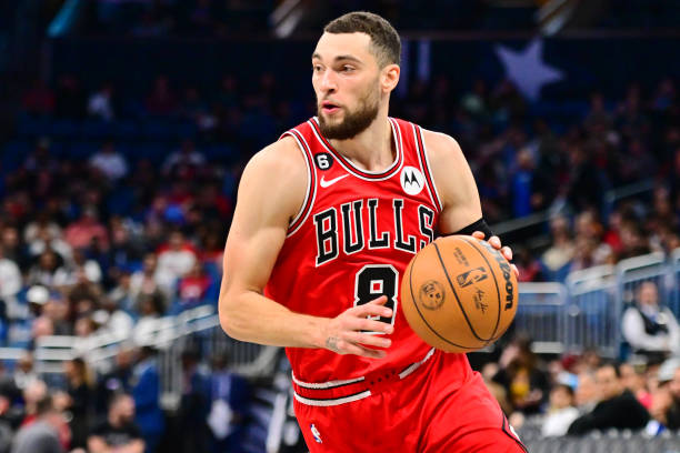 Zach LaVine of the Chicago Bulls dribbles the ball to the basket in the second half against the Orlando Magic at Amway Center on January 28, 2023 in...