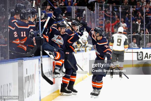 The New York Islanders celebrate a game-winning overtime goal by Mathew Barzal against the Vegas Golden Knights at the UBS Arena on January 28, 2023...