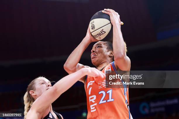 Tianna Hawkins of the Fire shoots during the round 12 WNBL match between Sydney Flames and Townsville Fire at Qudos Bank Arena, on January 29 in...