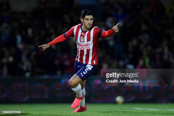 Victor Guzman of Chivas celebrates after scoring the team's first goal during the 4th round match between FC Juarez and Chivas as part of the Torneo...