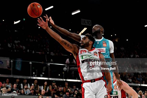 Milton Doyle of the Jackjumpers and Corey Webster of the Wildcats compete for the ball during the round 17 NBL match between Tasmania Jackjumpers and...