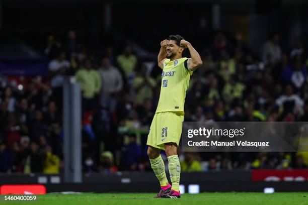 Henry Martín of America celebrates after scoring the team's third goal during during the 4th round match between America and Mazatlan FC as part of...