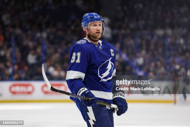 Steven Stamkos of the Tampa Bay Lightning skates against the Los Angeles Kings during the first period at Amalie Arena on January 28, 2023 in Tampa,...
