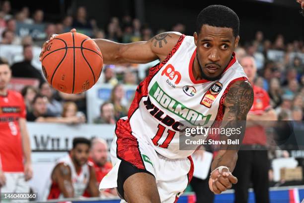 Bryce Cotton of the Wildcats drives to the basket during the round 17 NBL match between Tasmania Jackjumpers and Perth Wildcats at MyState Bank...