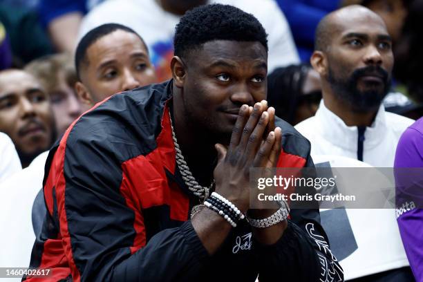 Zion Williamson of the New Orleans Pelicans looks on from the bench during the game against the Washington Wizards at Smoothie King Center on January...