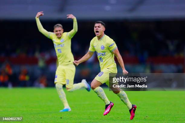 Richard Sanchez of America celebrates after scoring the team's fourth goal during the 4th round match between America and Mazatlan FC as part of the...