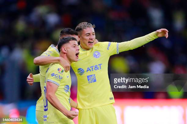 Richard Sanchez of America celebrates with Emilio Lara after scoring the team's fourth goal during the 4th round match between America and Mazatlan...