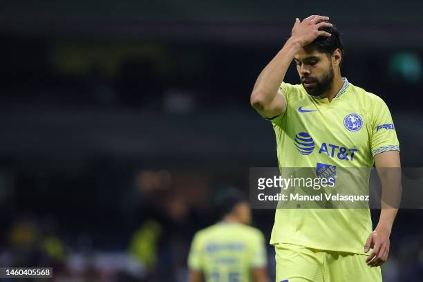 Néstor Araujo of America gestures during the 4th round match between America and Mazatlan FC as part of the Torneo Clausura 2023 Liga MX at Azteca...
