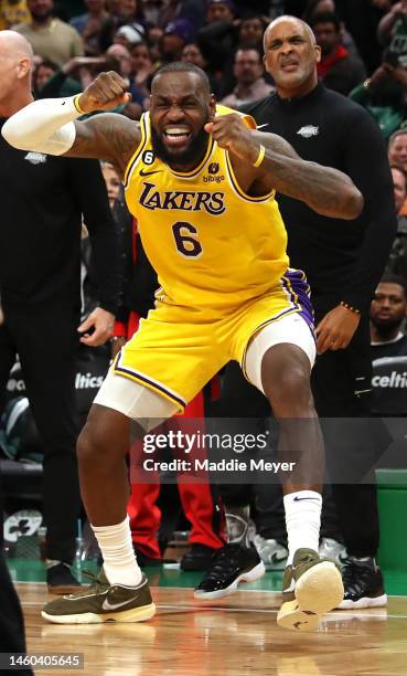 LeBron James of the Los Angeles Lakers reacts during the fourth quarter against the Boston Celtics at TD Garden on January 28, 2023 in Boston,...