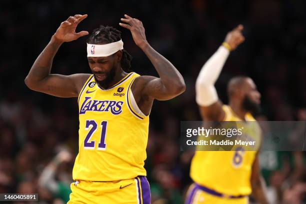 Patrick Beverley of the Los Angeles Lakers reacts during the fourrth quarter against the Boston Celtics at TD Garden on January 28, 2023 in Boston,...